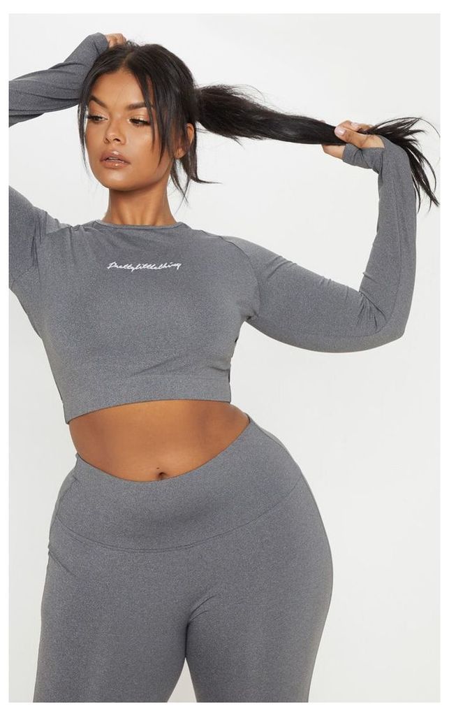 PRETTYLITTLETHING Plus Charcoal Embroidered Long Sleeve Crop Top, Grey
