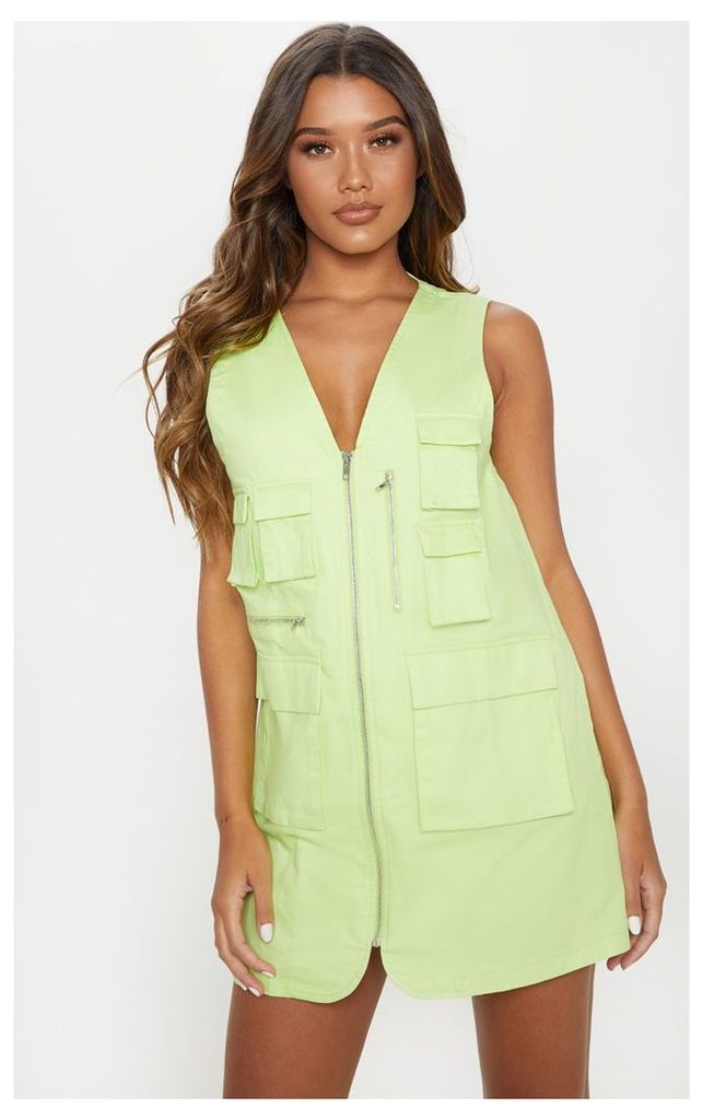 Lime Neon Cargo Zip Front Pocket Shift Dress, Green