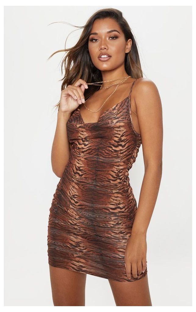 Tiger Print Mesh Ruched Side Bodycon Dress, Brown
