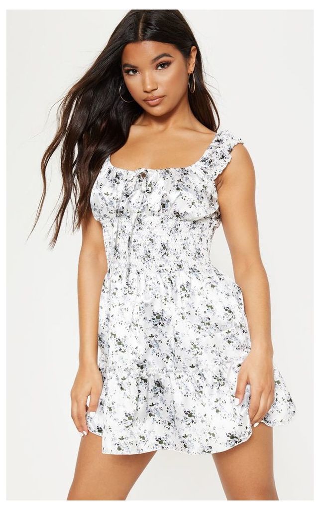 White Floral Shirred Tiered Shift Dress, White