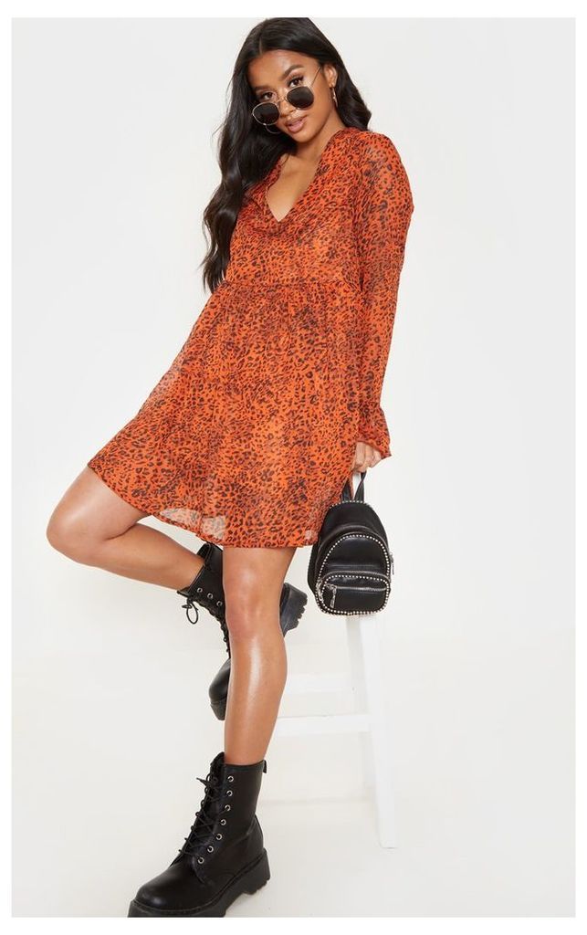 Petite Orange Leopard Print Smock Dress, Orange