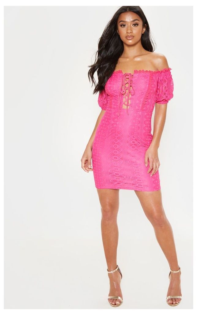 Petite Hot Pink Bardot Lace Detail Bodycon Dress, Hot Pink
