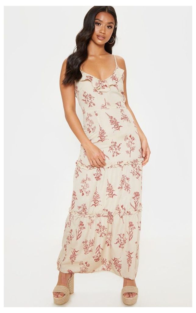 Petite Taupe Strappy Frill Detail  Floral Maxi Dress, Brown