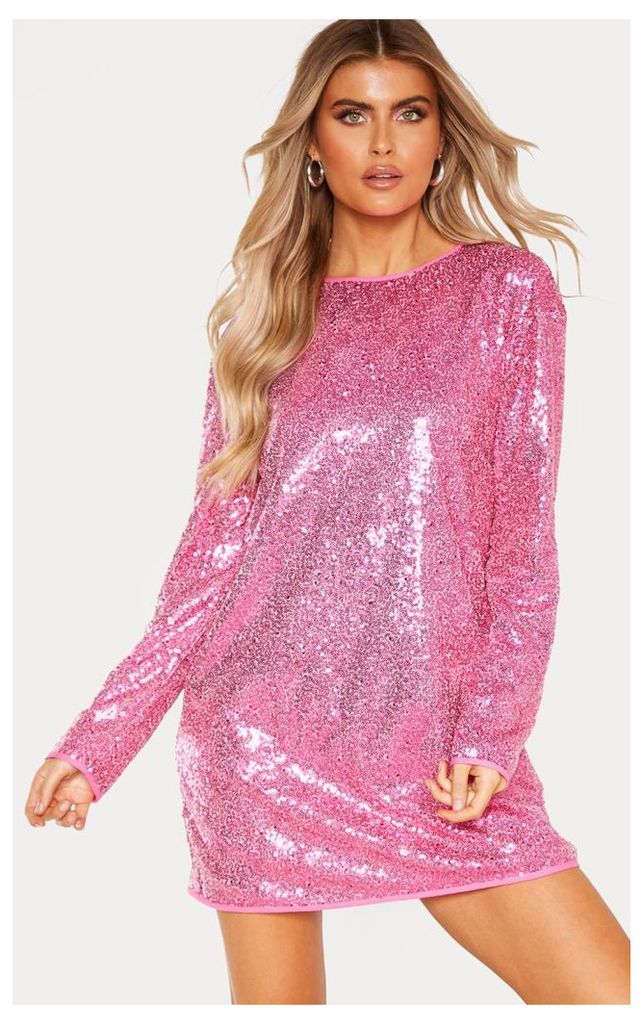 Tall Bright Pink Sequin Long Sleeve Shift Dress, Bright Pink