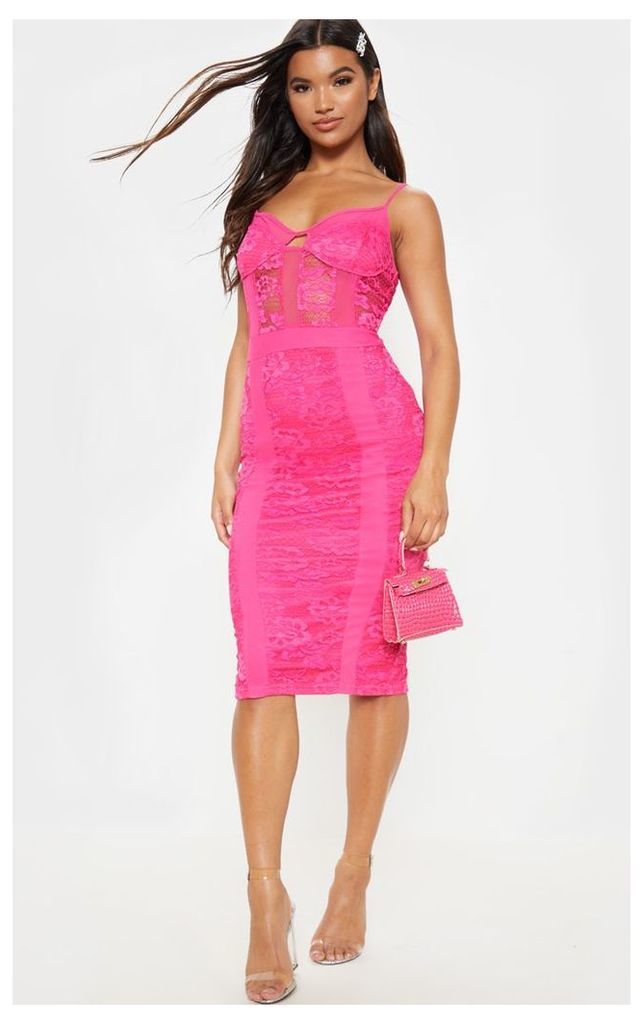 Hot Pink Strappy Lace Mesh Insert Midi Dress, Hot Pink