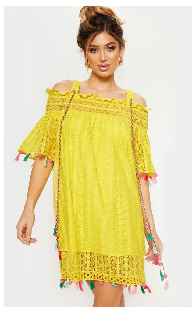 Bright Yellow Strappy Crochet Trim Pom Pom Smock Dress, Bright Yellow