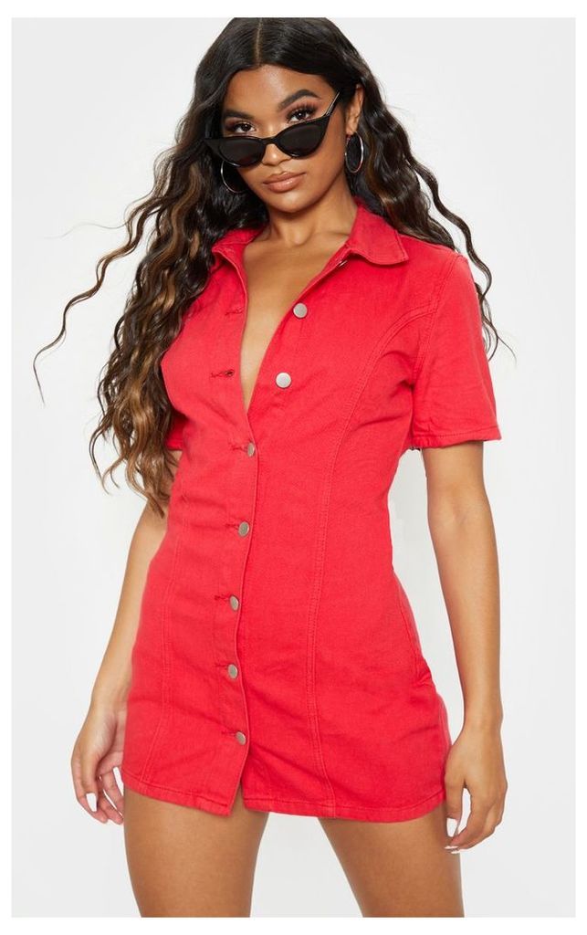 Red Button Front Short Sleeved Denim Dress, Red
