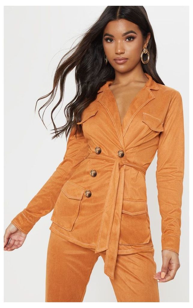 Toffee Pocket Detail Tie Waist Blazer, Toffee