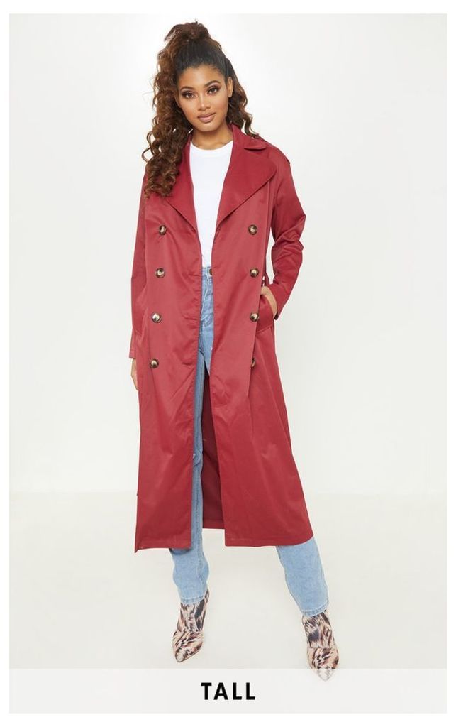 Tall  Burgundy Oversized Longline Trench Coat, Red