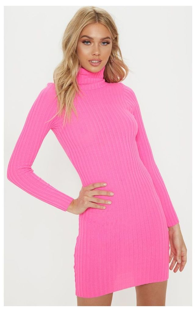 Pink Ribbed Knitted Roll Neck Dress, Pink
