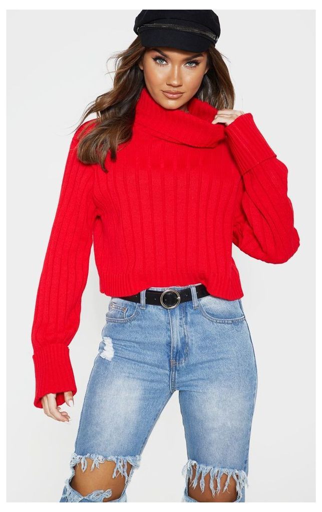 Red Ribbed Roll Neck Cropped Jumper, Red