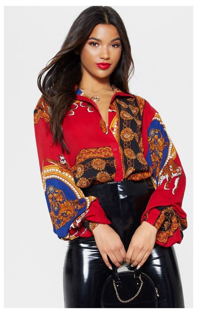 Red Mixed Print Sheer Oversized Shirt, Red