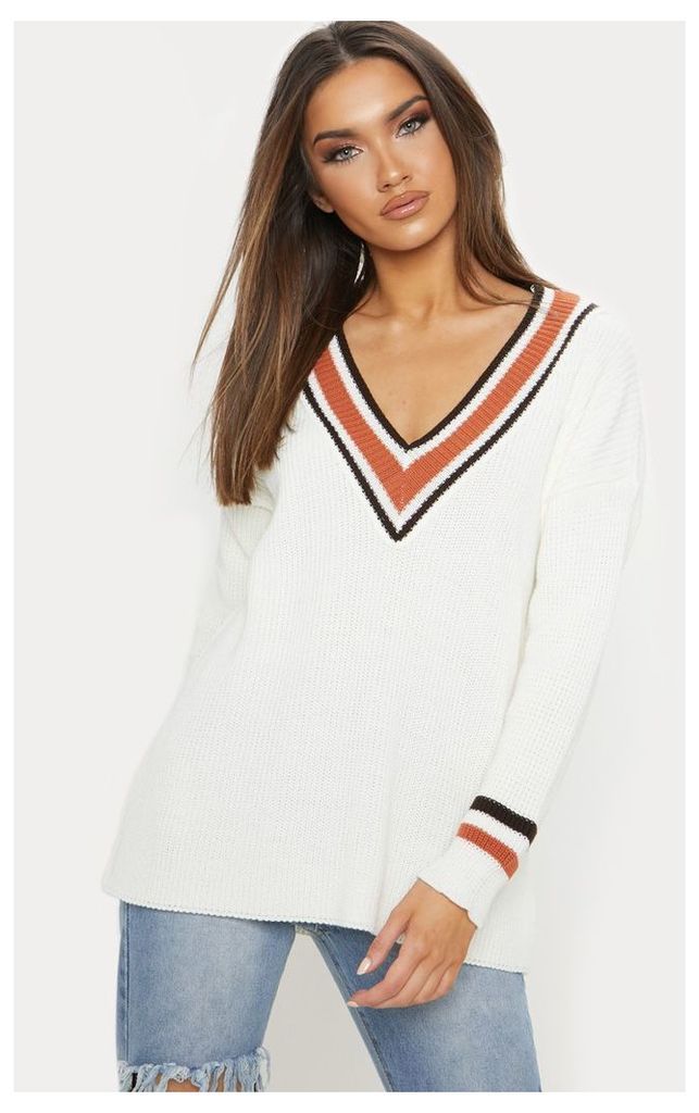 Cream Oversized Varsity Knitted Jumper, White