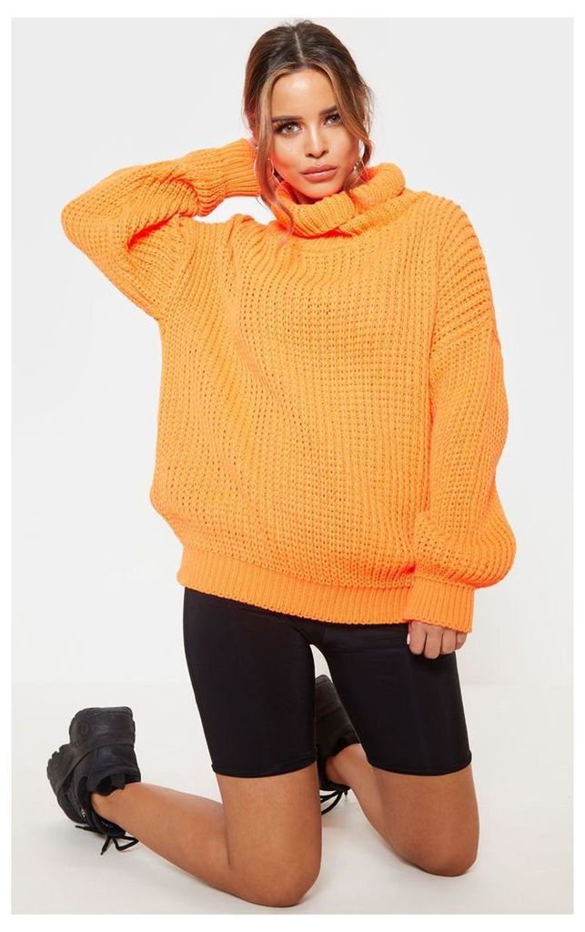 Petite Neon Orange Roll Neck Oversized Chunky Knit Jumper, Neon Orange