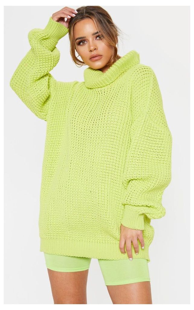 Petite Neon Lime Green Roll Neck Oversized Chunky Knit Jumper, Green