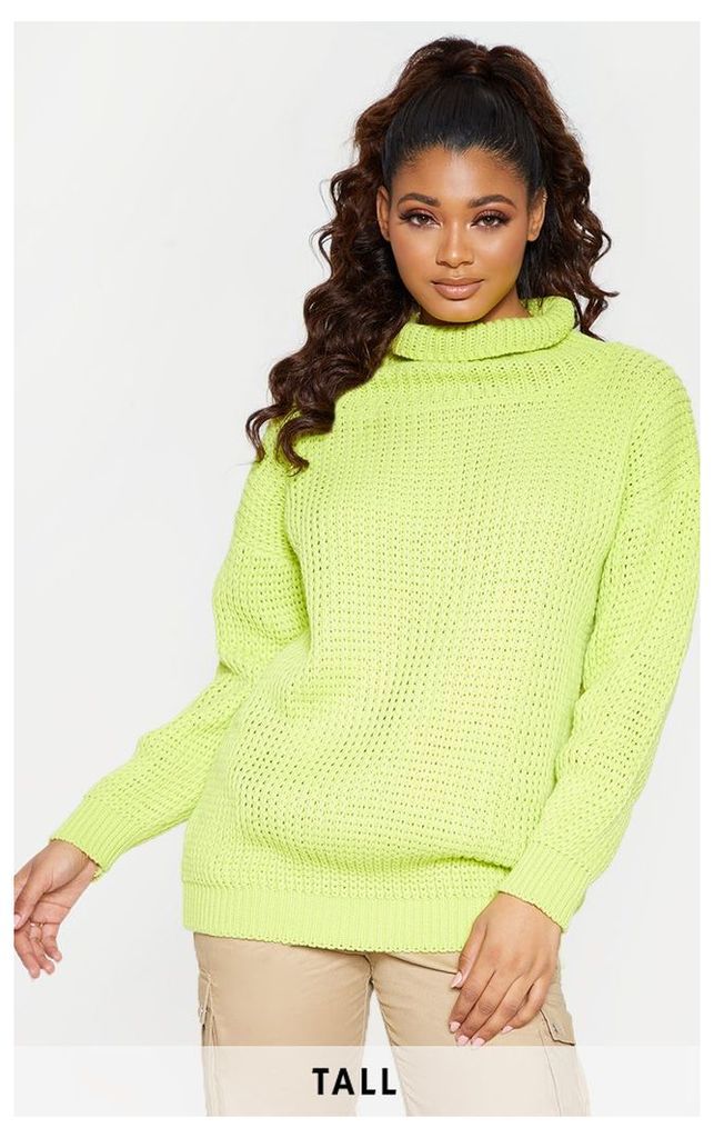 Tall Neon Lime Roll Neck Oversized Chunky Knit Jumper, Neon Lime