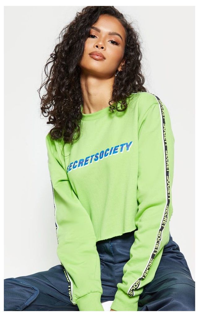 Neon Lime Secret Society Tape Detail Crop Sweater, Neon Lime