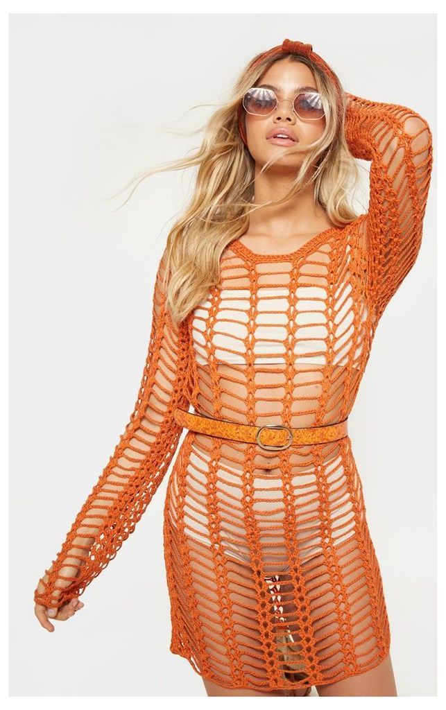 Rust Crochet Ladder Detail Long Sleeve Dress, Orange