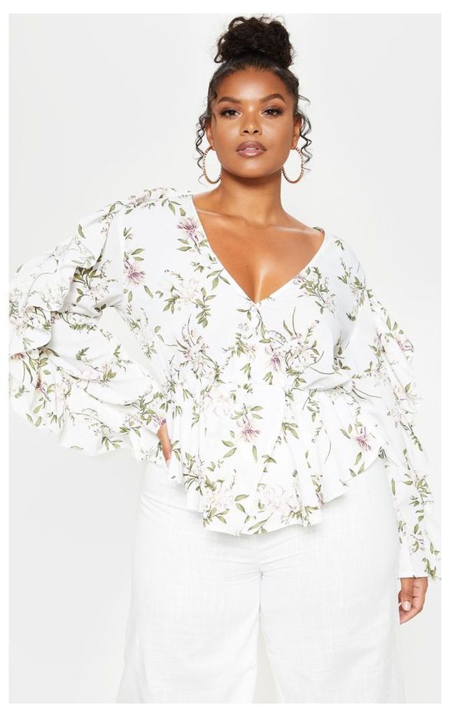 Plus White Floral Frill Sleeve Blouse, White