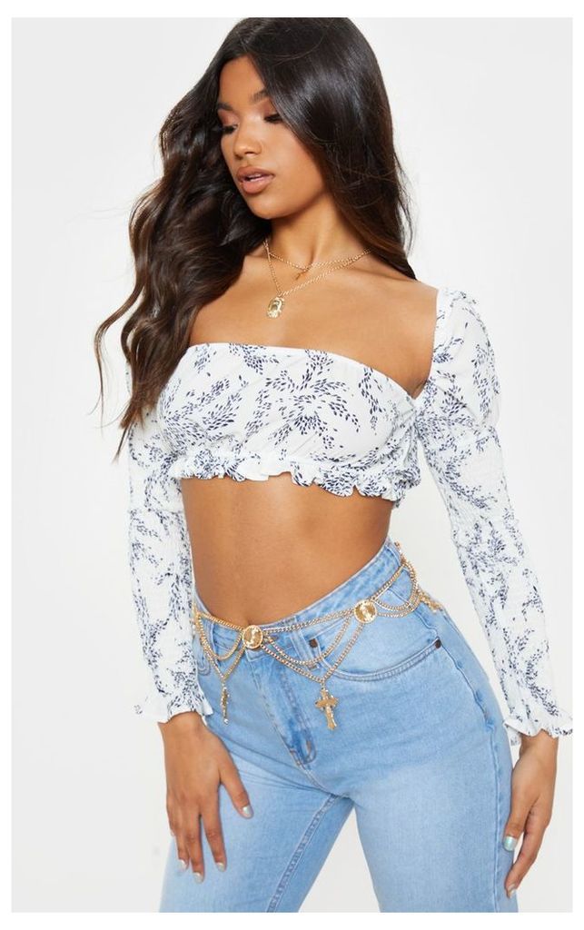 White Leaf Print Square Neck Shirred Sleeve Crop Top, White