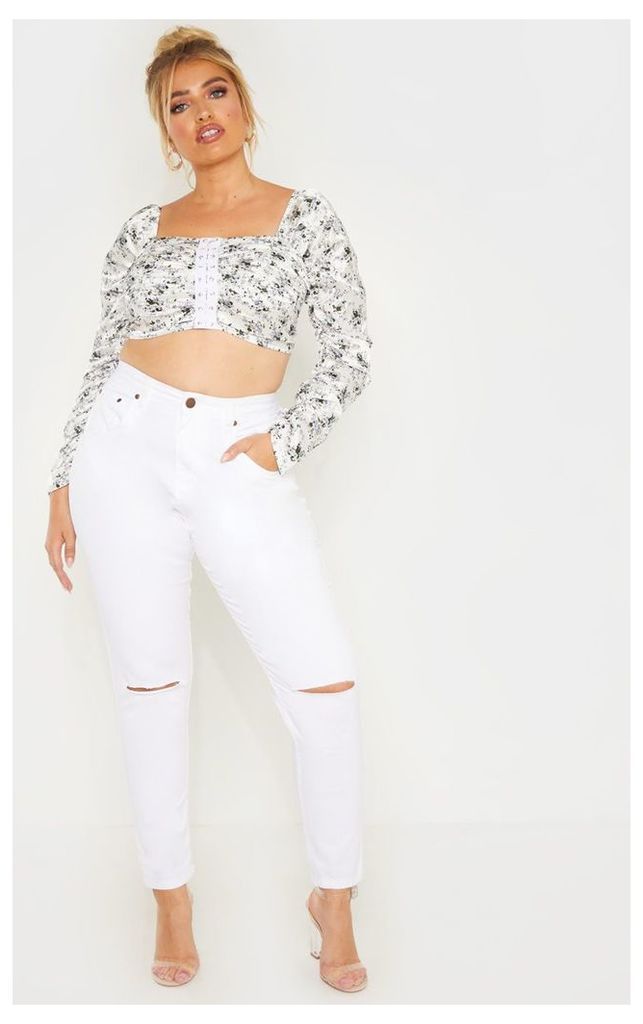 Plus White Ditsy Floral Ruched Lace Up Detail Crop Top, White