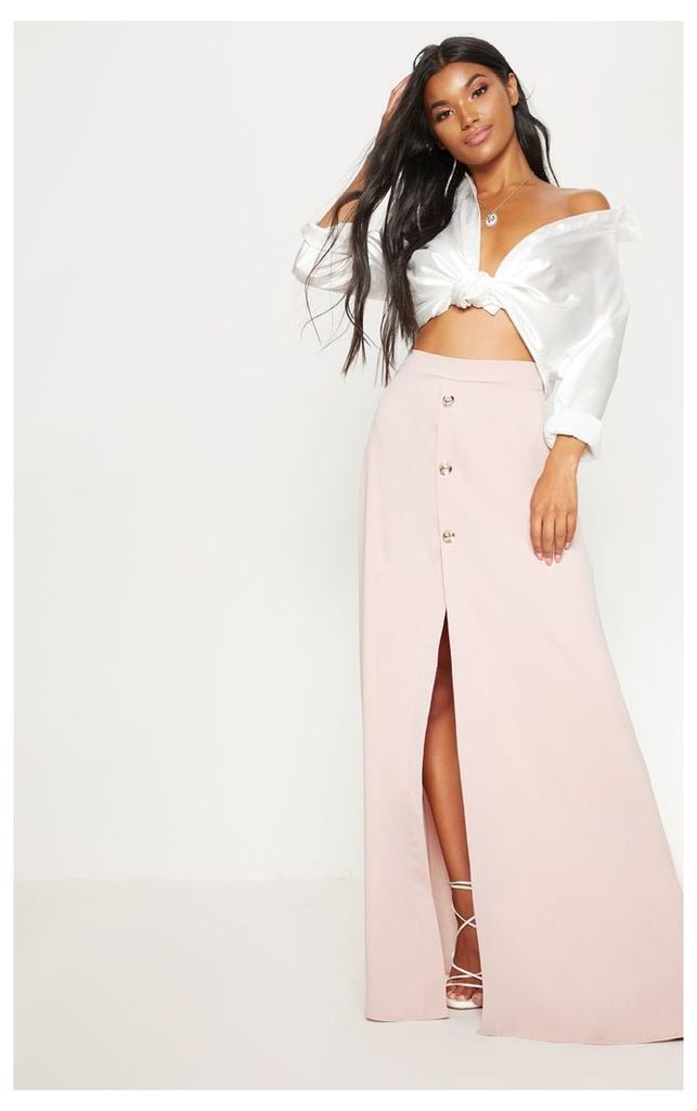 Blush Satin Button Front Maxi Skirt, Pink