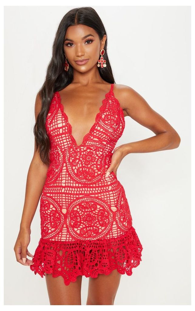 Red Strappy Thick Lace Frill Hem Bodycon Dress, Red