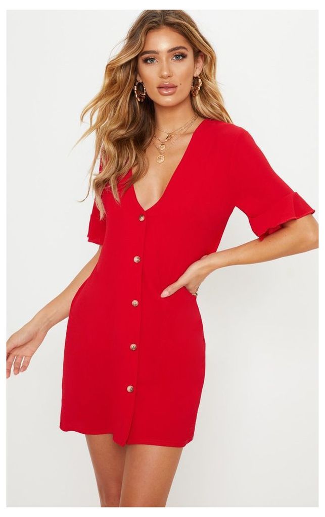 Red Oversized Button Front Shirt Dress, Red