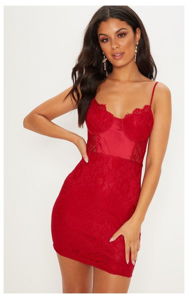 Burgundy Lace Strappy Satin Insert Bodycon Dress, Red