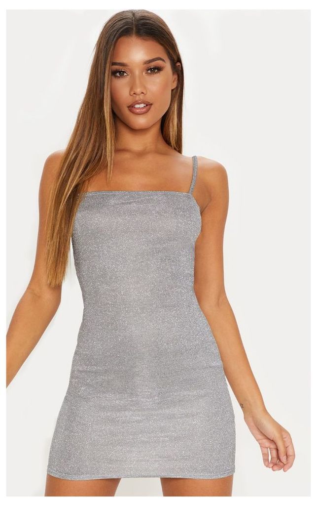 Silver Glitter Strappy Square Neck Bodycon Dress, Grey