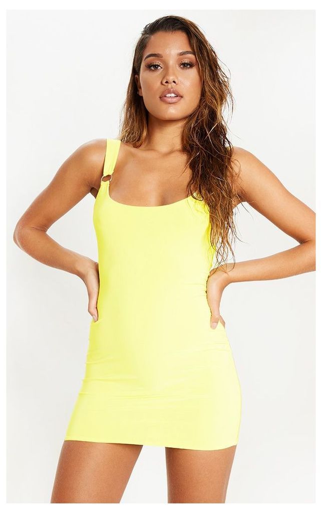 Yellow Slinky Ring Detail Square Neck Bodycon Dress, Yellow