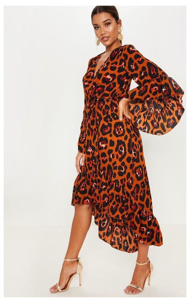 Rust Oversized Animal Print Ruffle Sleeve Wrap Midi Dress, Orange