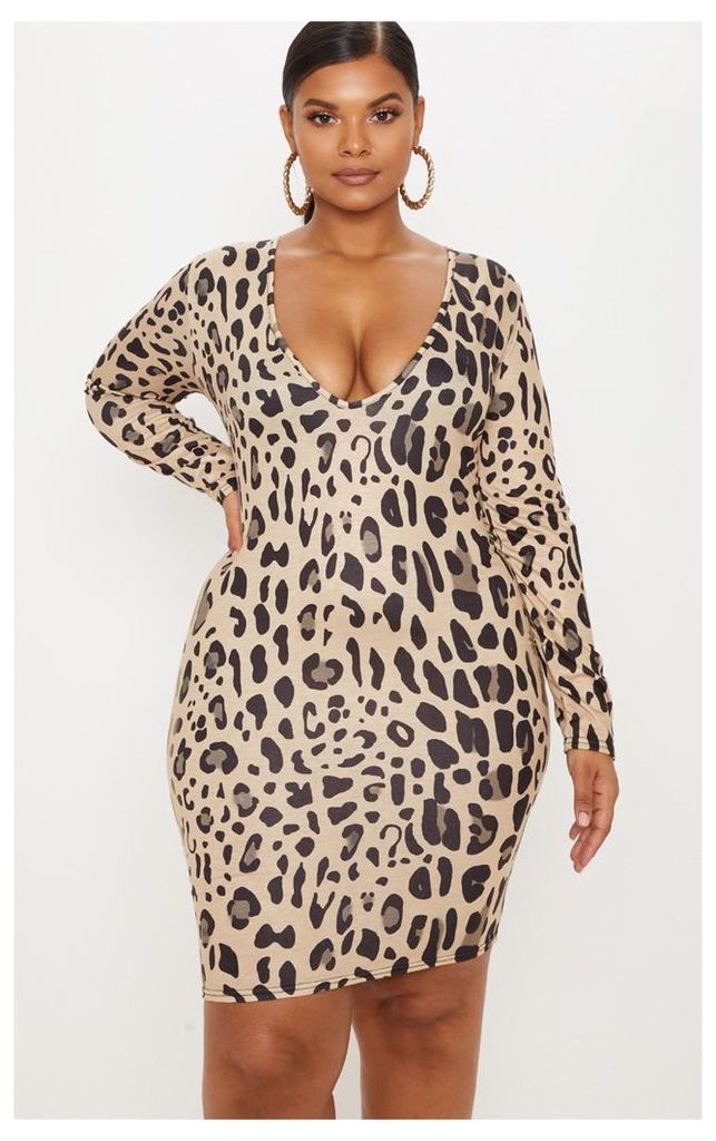 Plus Tan Leopard Print Plunge Bodycon Dress, Brown