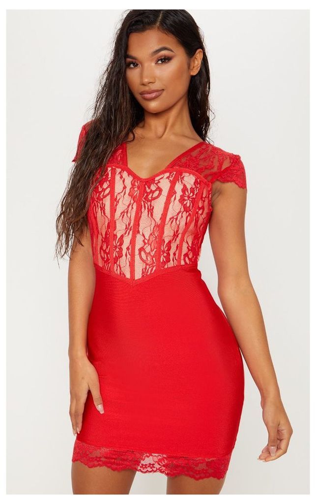 Red Bandage Lace Insert Bodycon Dress, Red