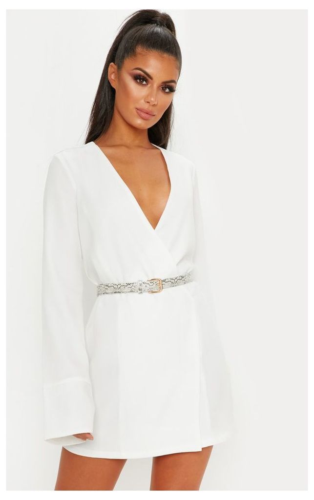 White Plunge Flare Sleeve Blazer Dress, White