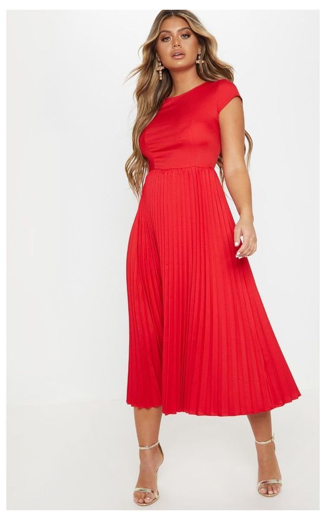 Red Cap Sleeve Pleated Midi Skater Dress, Red