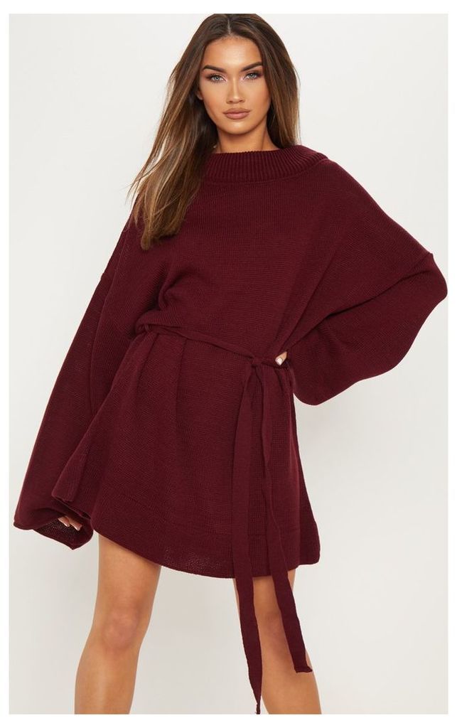 Burgundy Oversized Knitted Belted Dress, Red