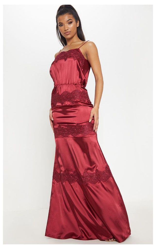 Burgundy Lace Trim Satin Tiered Maxi Dress, Red