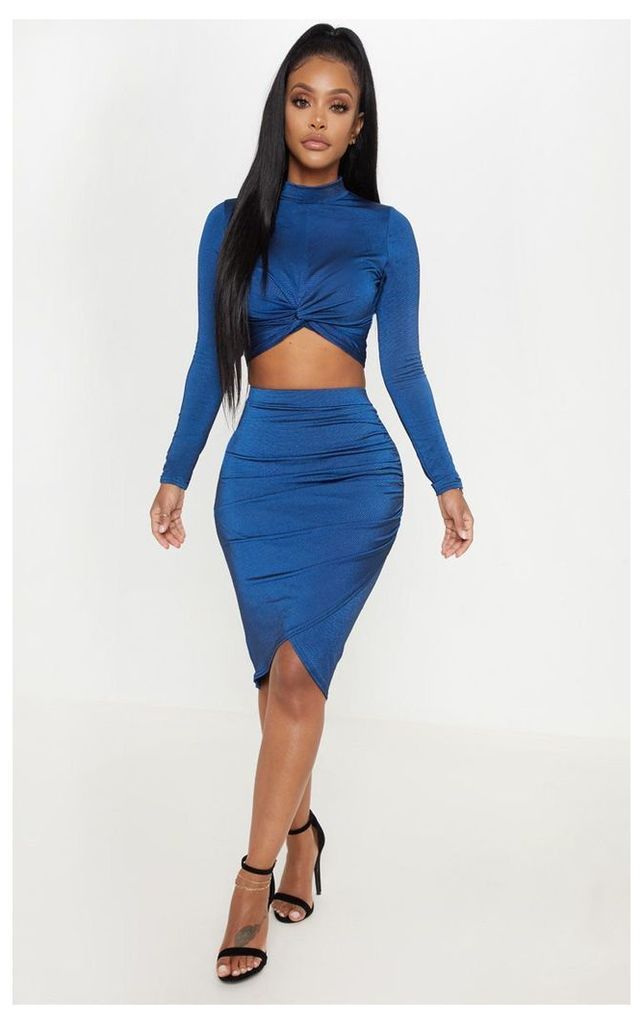 Shape Navy Ruched Side Midi Skirt, Blue