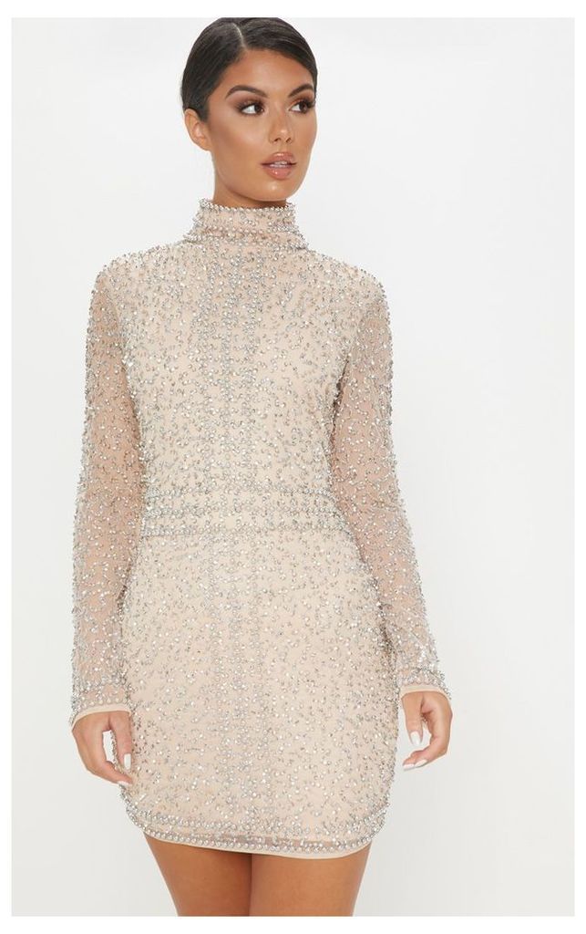 Nude Sequin Embellished High Neck Bodycon Dress, Pink