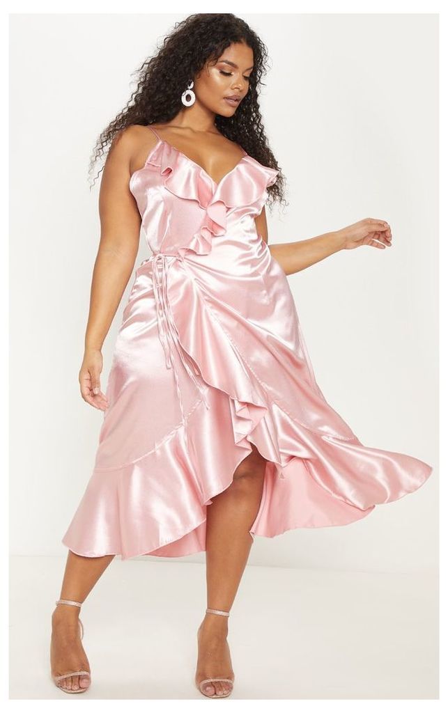 Plus Rose Satin Frill Wrap Midi Dress, Pink