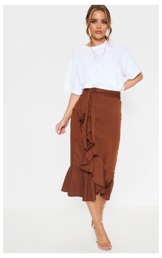 Petite Chocolate Brown Woven Frill Detail Midi Skirt, Chocolate Brown