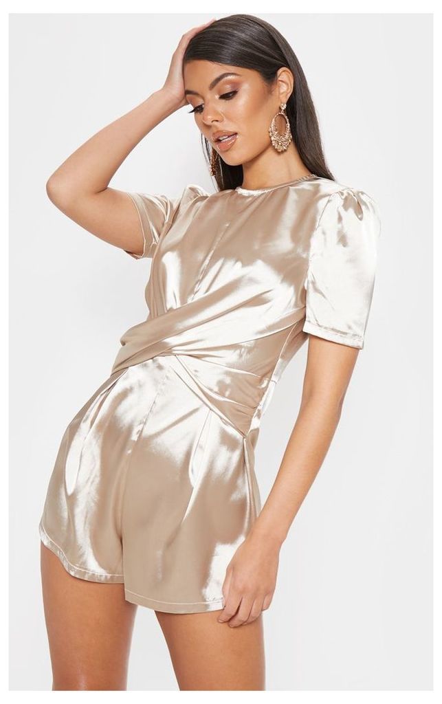 Champagne Satin Twist Detail Short Sleeve Playsuit, Yellow