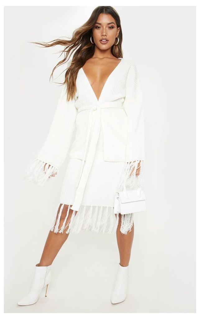 Cream Tassel Hem Knitted Midi Skirt, White