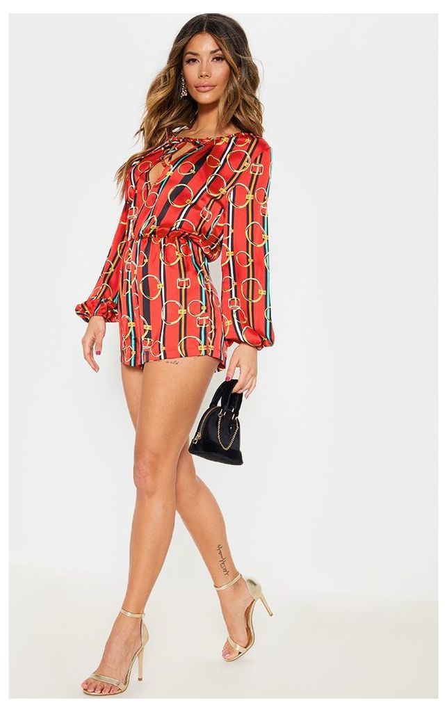 Red Chain Print Tie Neck Playsuit, Red