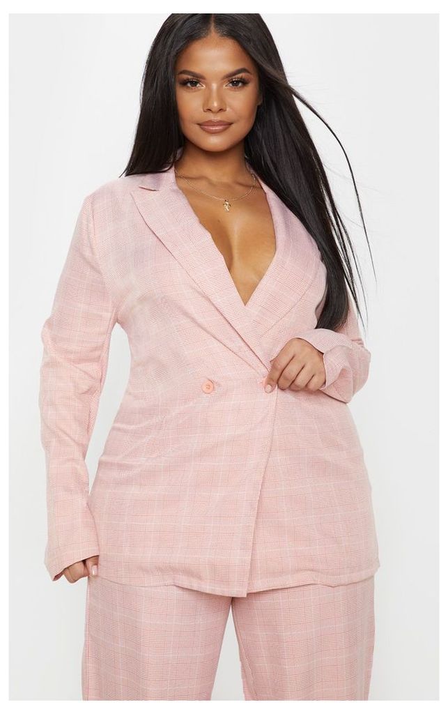Plus Dusty Pink Check Button Detail Longline Blazer, Dusty Pink