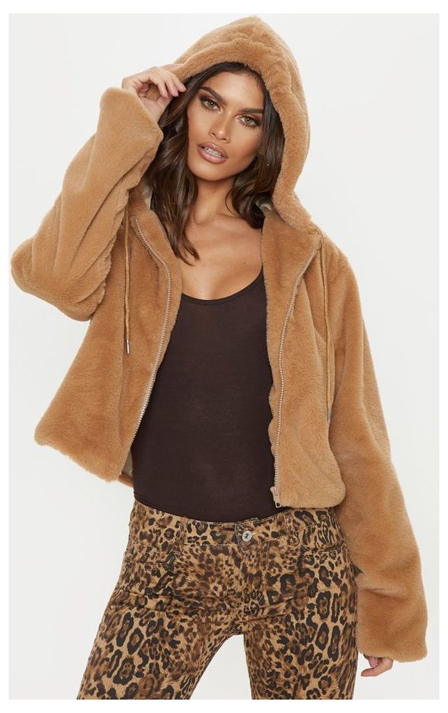 Taupe Faux Fur Cropped Hooded Jacket, Brown