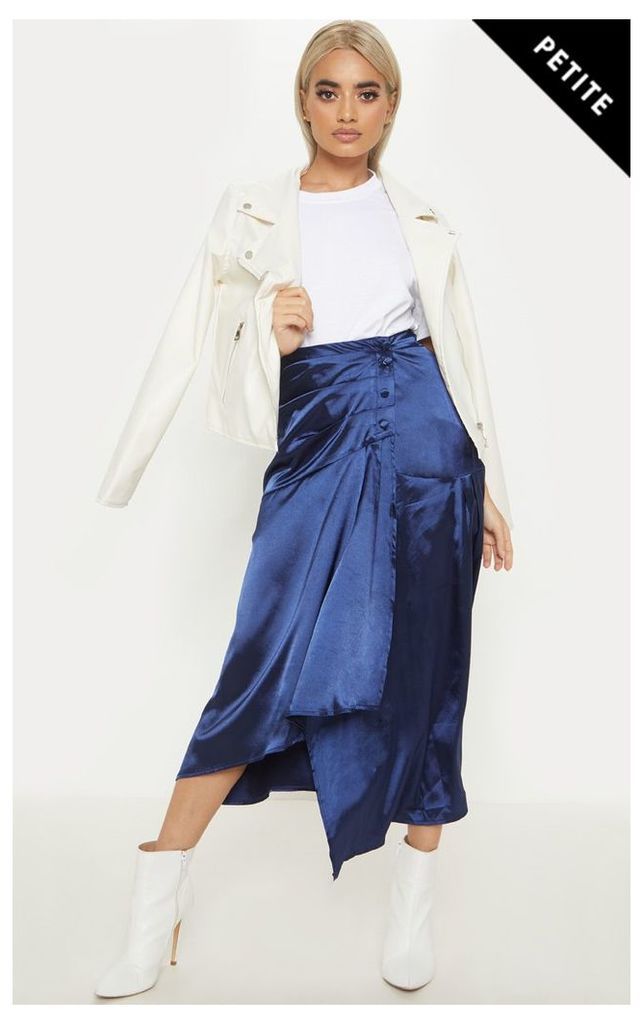 Petite Navy  Satin Button Waist Midi Skirt, Blue