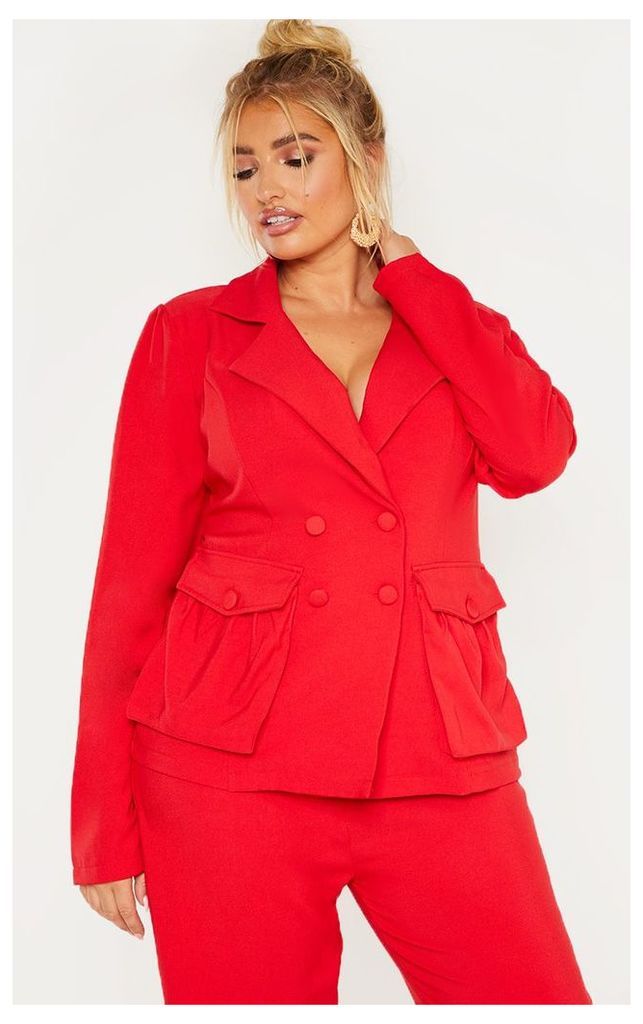 Plus Red Double Breasted Pocket Detail Blazer, Red