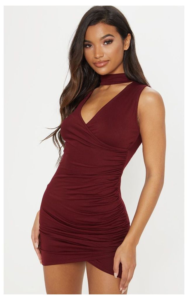 Amaris Burgundy Choker Detail Ruched Wrap Front Bodycon Dress, Red